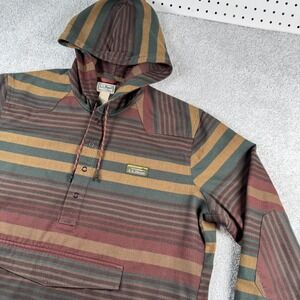 LL Bean Mens Striped Henley Hoodie Pullover Brown Green Wool Blend 511616 L-REG